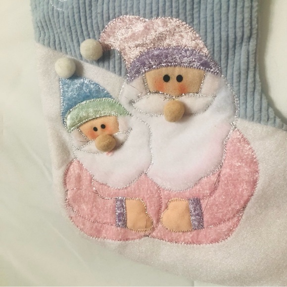 Baby's 1st Christmas Blue and White Embroidered Santa Gnomes Christmas Stocking - Picture 8 of 12